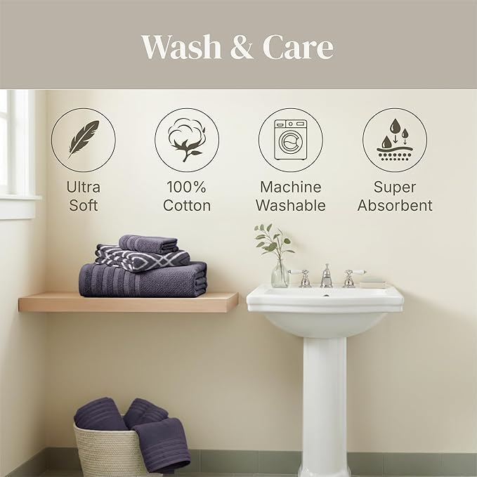 Modern Threads Classic Diamond 6-Piece 100% Cotton Towel Set – Yarn Dyed Jacquard – Includes 2 Bath Towels, 2 Hand Towels, 2 Washcloths – Absorbent, Quick Dry, Soft & Durable – Purple