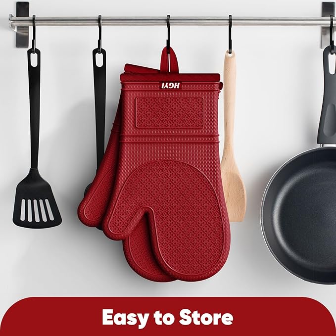 Silicone Oven Mitts, Heat Resistant Oven Gloves with Quilted Liner, Waterproof & Non-Slip Kitchen Mittens for Baking Cooking BBQ, 500°F, 12.5"-Red