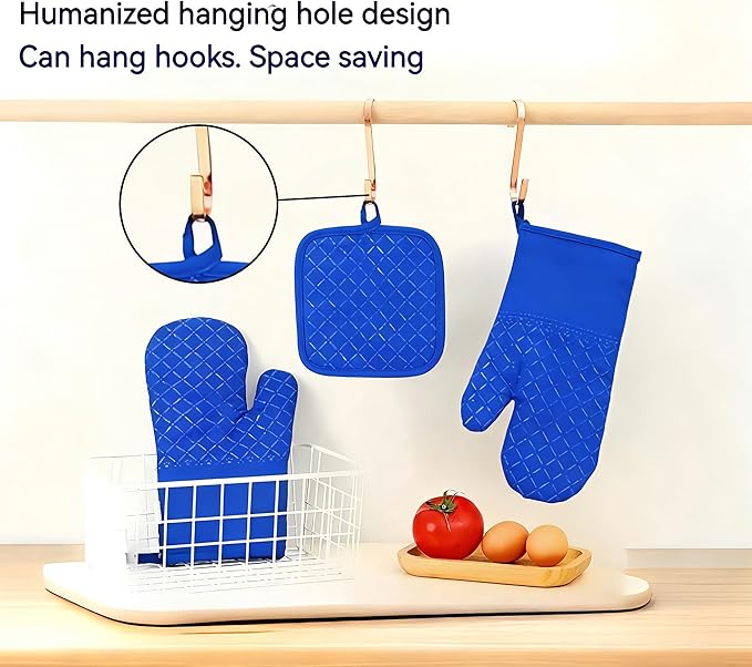 Oven Mitts and Pan Racks 4-Piece Set, Extended Kitchen Oven Mitts and Pan Racks, Heat Resistant 500 °F, Silicone Non-Slip Surface for Baking and Cooking (Blue)