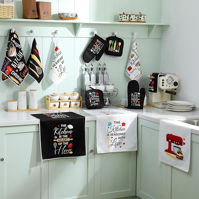 12 Pcs Farmhouse Kitchen Decoration Set 4 Funny Quote Black Kitchen Towels 4 Absorbent Dishcloths 2 Pot Holders 2 Oven Mitts Gloves for Home Decorations Mom Gifts