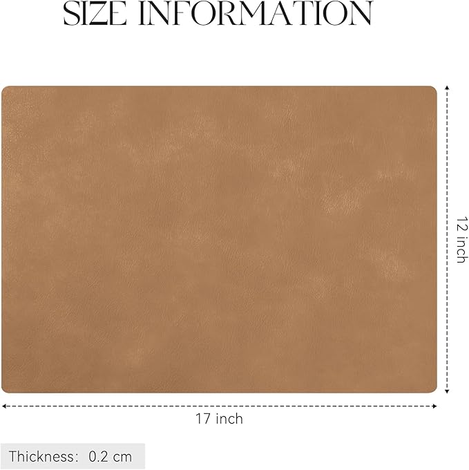 MOSAYT Vinyl Placemats Set of 12-12 X 17 Inch - Faux Leather 100% Waterproof Oil-Proof Wipeable PU Place Mats, Heat Resistant Reversible Table Mats for Kitchen, Dining, Outdoor (Camel)