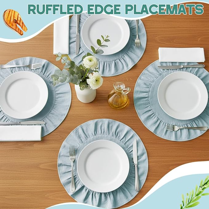 4 Pcs 15 Inch 100% Cotton Scalloped Round Placemats, Thin Light Blue Place Mats with Ruffle, Washable Placemats Table Mats for Kitchen Dining Holiday Gatherings Decor