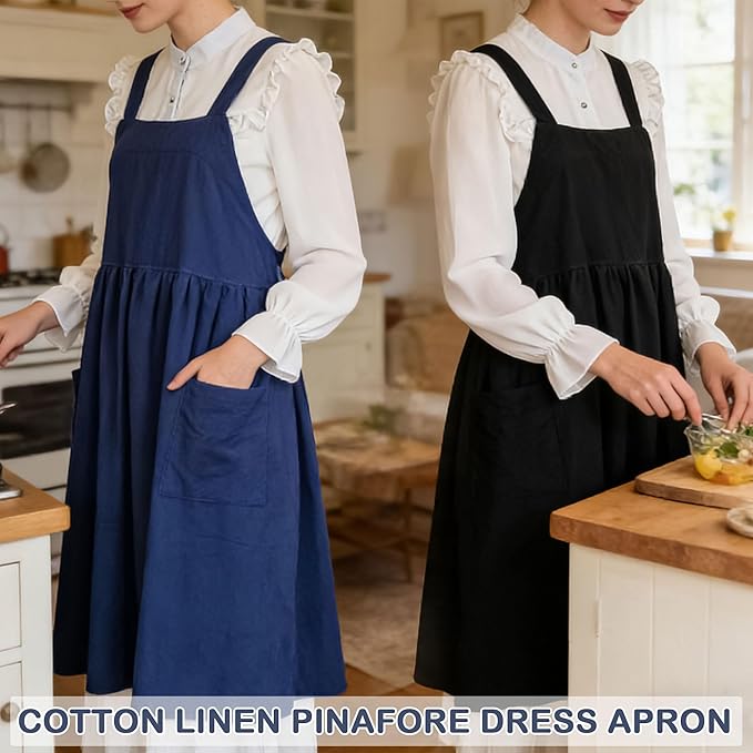 Uaussi Cotton Linen Apron Cross Back Work Apron for Women with Pockets Pinafore Dress X Cross Halter Apron for Chef Gardening