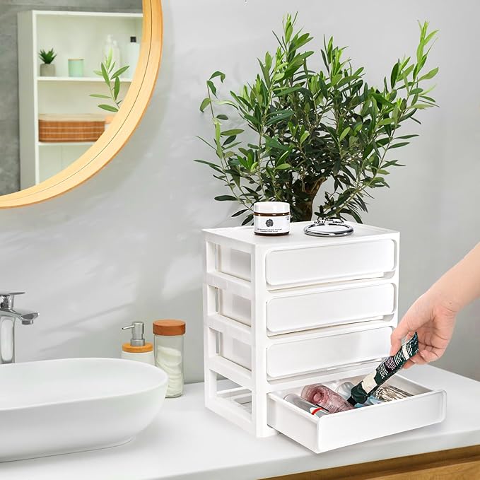 Covzoe Desk Drawer Organizer, 4 Tier Plastic Desktop Storage Unit, Small Storage Bin Container for Countertop, Makeup, Stationery, Art Crafts, Home Office Bathroom, White