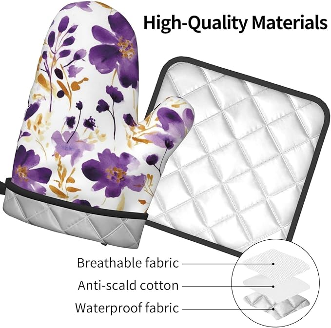 Spring Purple and Gold Floral Oven Mitts and Pot Holders Sets of 3, Non-Slip Heat Resistant Watercolor Flower Design Kitchen Gloves, Gifts for Women Cooking, Elegant Kitchen Decor for Baking Cooking