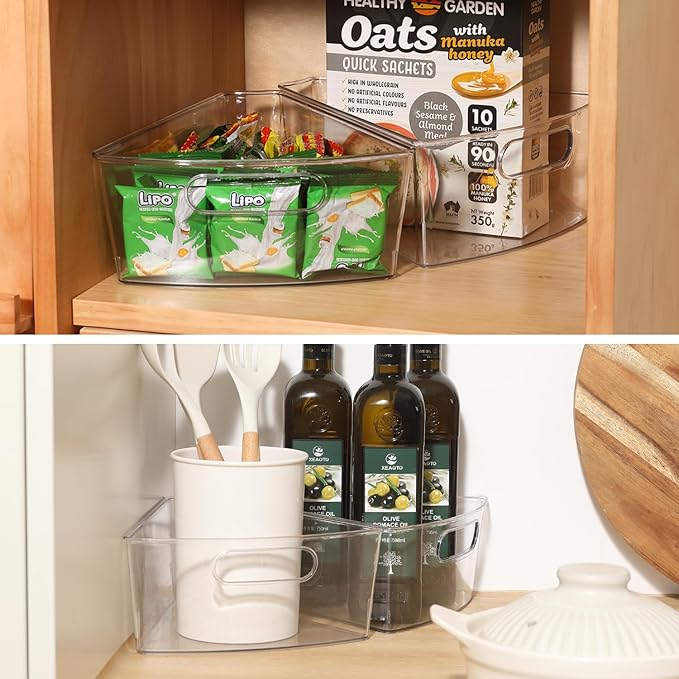 Lazy Susan Organizer Bins,10.2”x 9.4”x 4”, 26" Diameter Clear Durable Kitchen Cabinet Storage Bin Set with Handle, Food Safe, Non-Slip Pads, BPA Free