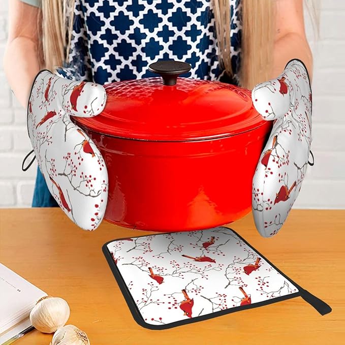 Cardinal Bird Red Berry Decor Oven Mitts and Pot Holders Sets of 3 Heat Resistant Non Slip BBQ Gloves for Cooking Grilling Baking Holiday Kitchen Decor