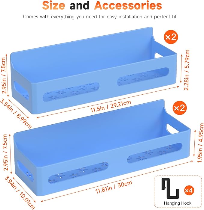 Sevenblue 4 Pack Strong Magnetic Spice Rack for Refrigerator, Multipurpose Magnetic Shelf for Fridge with 4 Hooks for kitchen and Bathroom Organization, Blue