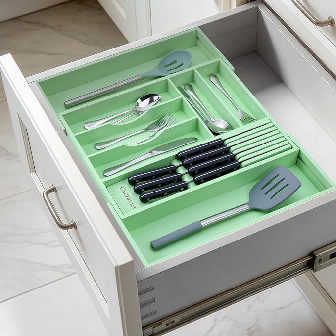 9-Piece Bamboo Kitchen Drawer Organizer Set, Expandable Silverware &Utensil Organizer with Removable Knife Block & Steak Knives, Flatware Organization, Tableware Dividers Storage(Cyan)