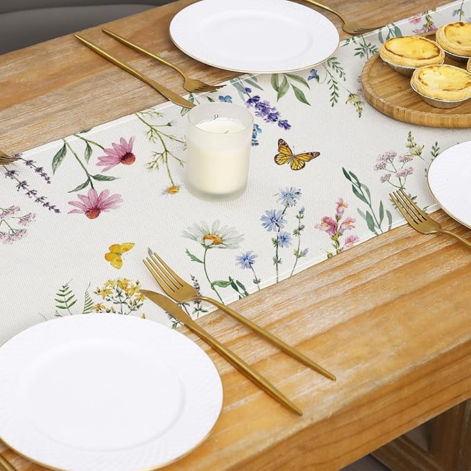 ONFAON Spring Decorations for Home,Daisy Eucalyptus Lavender Floral Leaves Summer Table Runner,Seasonal Spring Kitchen Dining Table Decoration for Home Party Decor 13x72 Inch