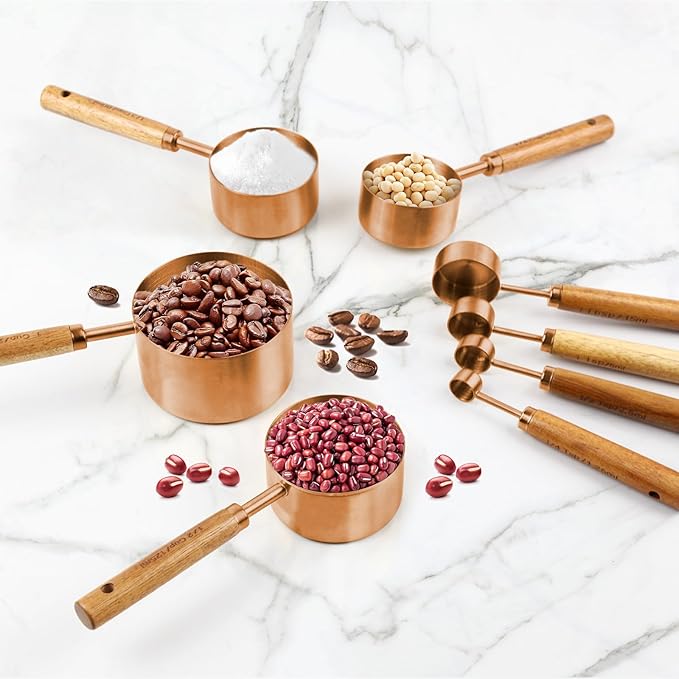 Copper Stainless Steel Measuring Cups and Spoons Set,8 Piece Measuring Cup Set with Wooden Handle and Metric and US Measurements,Copper Polished Finish,for Cooking and Baking in The Kitchen