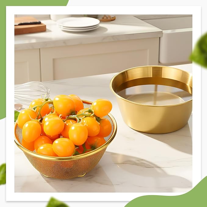 Baderke 2 Pcs Mini Colander & Food Strainer 304 Stainless Steel Small Mixing Colanders Bowl Rice Strainer for Kitchen Cooking Fruit Washing Vegetable (6.3 x 2.76 Inches,Gold)