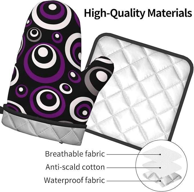 Purple Black White Retro Circular Oven Mitts & Pot Holders Sets of 3, Heat Resistant Modern Abstract Art Oven Gloves and Hot Pad for Home Cooking Baking Grilling, Baking Gifts for Women, Kitchen Decor