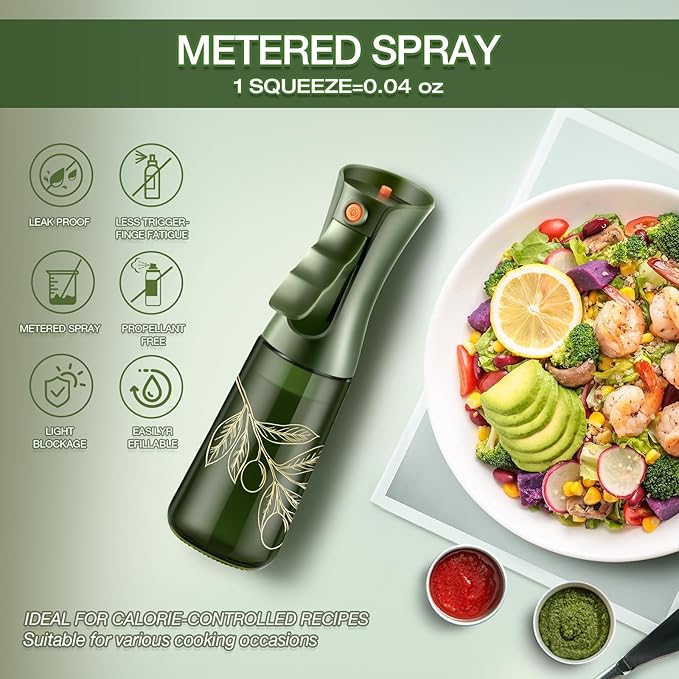 Glass Olive Oil Sprayer for Cooking, Oil Mister Continuous Cooking Spray with Portion Control for Kitchen 200ml/7oz (Green Bottle, Gold Print)