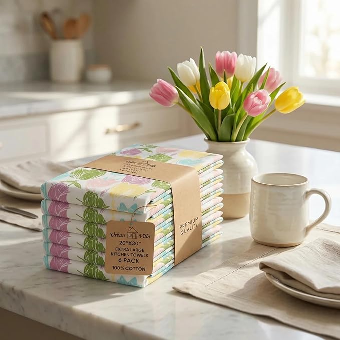 Urban Villa Collection Kitchen Towels Tulip Flowers Multi Color Premium Quality,100% Cotton Dish Towels, Mitered Corners,(Size: 20X30 Inch), Highly Absorbent Bar &Tea Towels - (Set of 6)