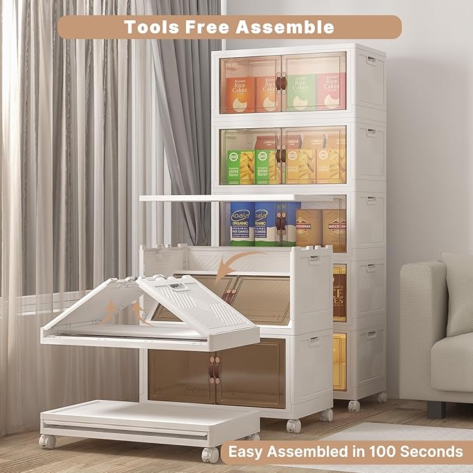 UAMFURI Stackable Storage Bins with Lids, 600QT Closet Organizers, Lockable Storage Cabinet,Foldable Storage Box with Doors and Wheels, Plastic Drawers for Home, Garage, Office (5, White, Large)