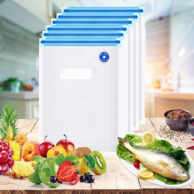 Sous Vide Bags 31 Pcs (24 Pcs Vacuum Zipper Bags & 2 Seal Clips & 5 Air Valves), Reusable BPA Free Vacuum Sealer Bags (11 * 10 in) Vacuum Food Storage Bags for Cooking/Food Storage/Microwave Heating