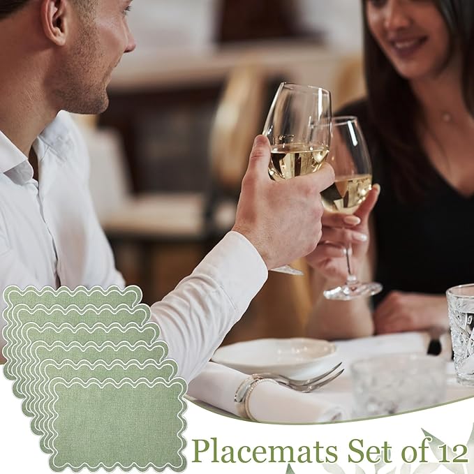 Linen Placemats Set of 12 Scalloped Placemat 13 X19 Wavy Embroidery Double Layered Washable Farmhouse Dinner Fabric Table Mat Napkin for Wedding Party Christmas Hotel Restaurant(Sage Green)
