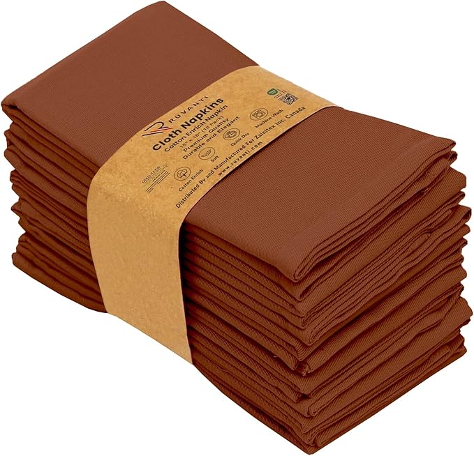 Ruvanti Cloth Napkins Set of 12, 18x18 Inch, Soft & Absorbent Cotton Enrich Dinner Napkins for Hotel, Wedding Parties, Napkins Everyday - Rust