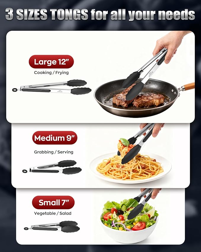 600ºF Heat Resistant Kitchen Tongs, Premium Locking Cooking Tongs with Silicone Tips, Non-Slip Food Tongs for Cooking, Non-Stick, Heavy Duty Stainless Steel Handle, Set of 3-7" 9" and 12" Black