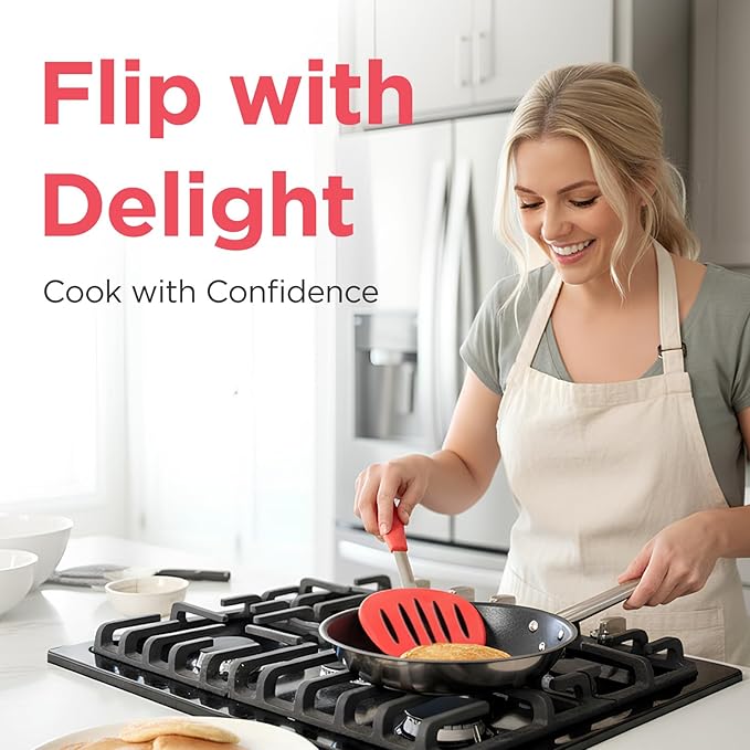 Kitchen Mama WaltzGrip Platinum Silicone Pancake Spatula Turner: Heat Resistant Flexible, Stainless Steel Core, Nonstick, Dishwasher Safe, Flipper – Ideal Kitchen Cookware for Eggs, Fish, Meat (Red)