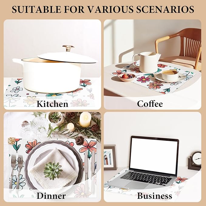 Cotton Linen Waterproof Placemats Set of 4, Cute Flowers Dining Mat Table Mats Decor Fabric for Kitchen Dinner Coffee Shop Table, Indoor/Outdoor Washable Wipeable Placemat -N026