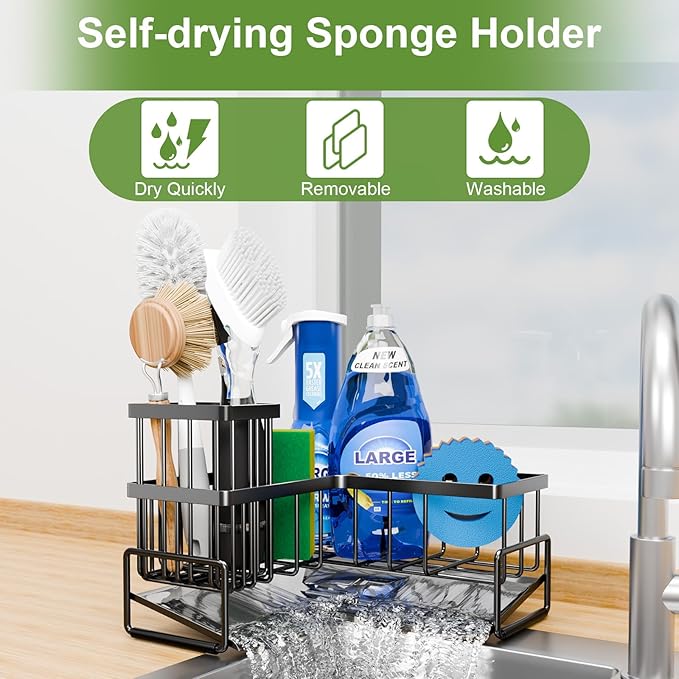Fikoksol Large Sponge Holder for Kitchen Sink, 90-Degree Sink Caddy Organizer with Dish Brush Holder for Countertop Corner Storage Rack, Metal L-Shaped Kitchen Sink Sponge Soap Organizer Storage Ideas