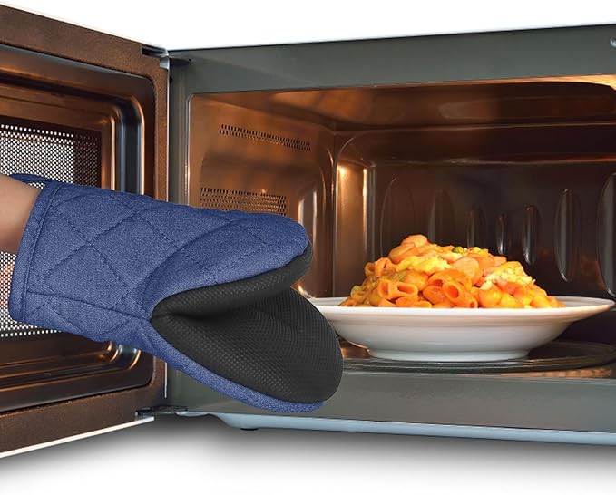 Short Oven Mitts, Heat Resistant 500°F, Silicone Grip Kitchen Gloves, Non-Slip for Baking, Grilling, BBQ, Machine Washable with Hanging Loop, 2-Pack Set, Denim Blue