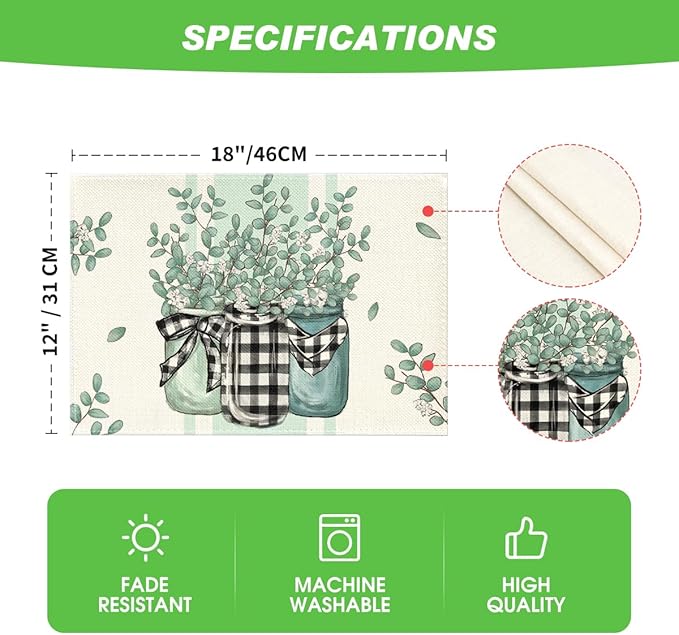 Artoid Mode Eucalyptus Buffalo Plaid Spring Placemats Set of 4, 12x18 Inch Vase Seasonal Table Mats for Party Kitchen Dining Decoration