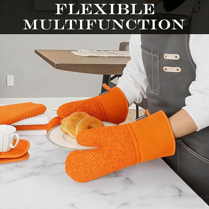 Oven Mitts and Pot Holders Sets 6pcs, Kitchen Oven Glove,High Heat Resistant 550 Degree Extra Long Oven Mitts and Potholders with Non-Slip Silicone Surface for Home Essentials (Grey) (Pumpkin Orange)