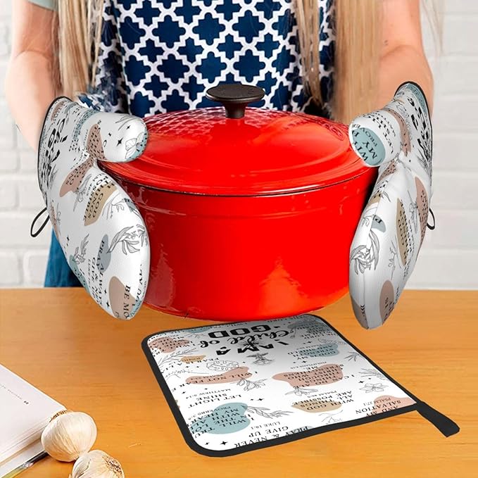 Christian Oven Mitts and Pot Holders Sets of 3, Heat Resistant Godmother Kitchen Gloves Hot Pads, Kitchen Cooking Baking Gifts for Women Cooks Bakers,Christian Gifts for Women Cooking Lover