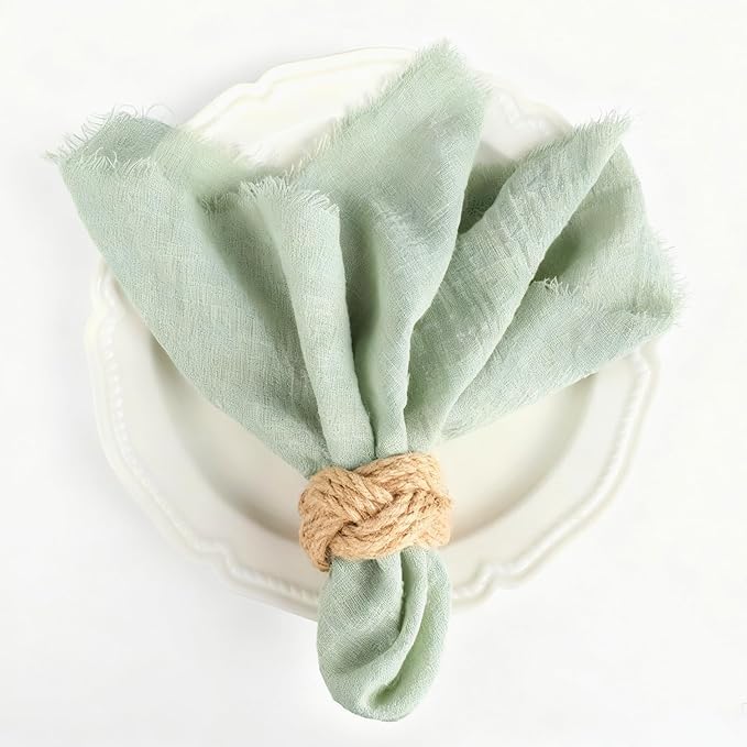 Cotton Blend Fringe Cloth Napkins - Crinkle Gauze Dinner Napkins, Reusable & Washable Table Napkins, 17" x 17" (43 x 43 cm), Multiple Colors, 12/24/48/100 Pack (12, Mint Green)