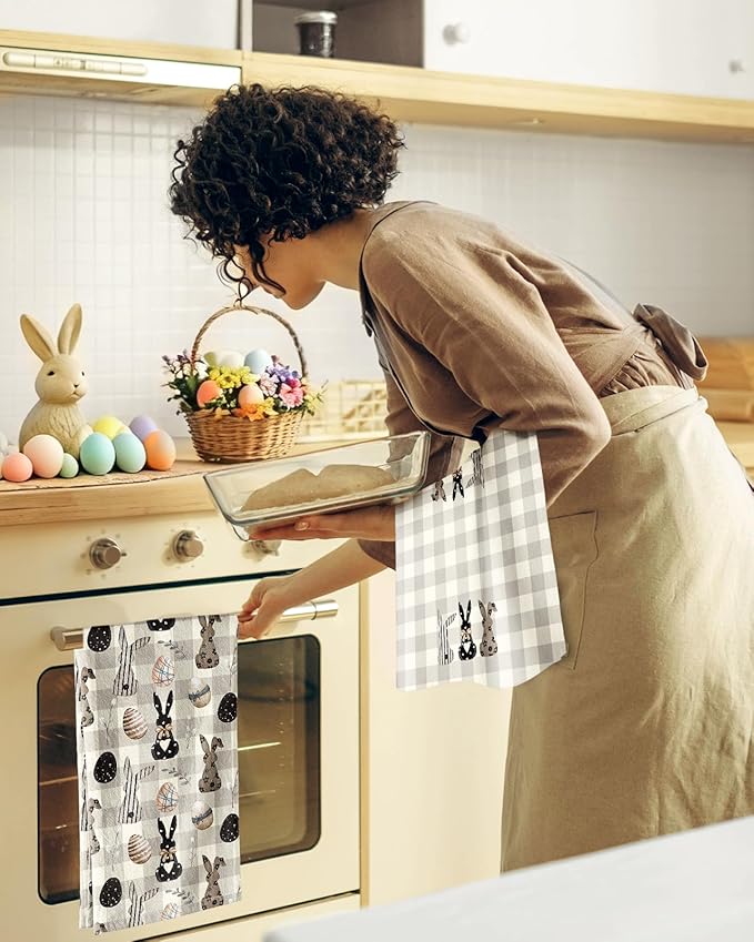 Miss Adola 2pcs Easter Kitchen Towels - Flour Sack Tea Towels Set of 2 with Hanging Loop 18x26 Inch Spring Bunny Eggs Beige Checkered Hand Dish Cloths Reusable Dishcloths Cute Easter Decor