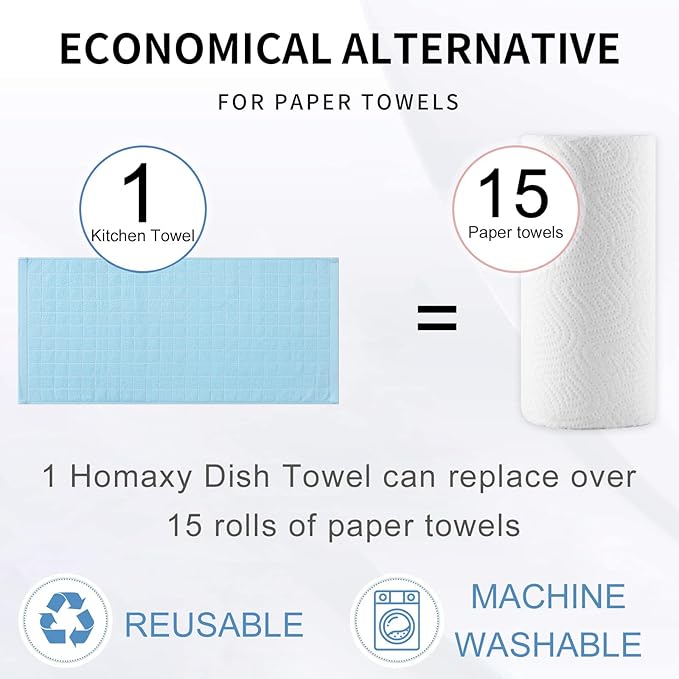 Homaxy 100% Cotton Terry Kitchen Towels(Sky Blue, 13 x 28 inches), Checkered Designed, Soft and Super Absorbent Dish Towels, 8 Pack
