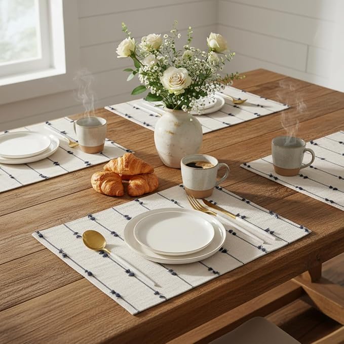 Boho Placemats 13 x 19 Inch Set of 4 for Dining Table Decor Woven Cloth Place Mats for Farmhouse Rustic Kitche Spring Home Decor Cotton Placemats Blue and Beige Table Mats