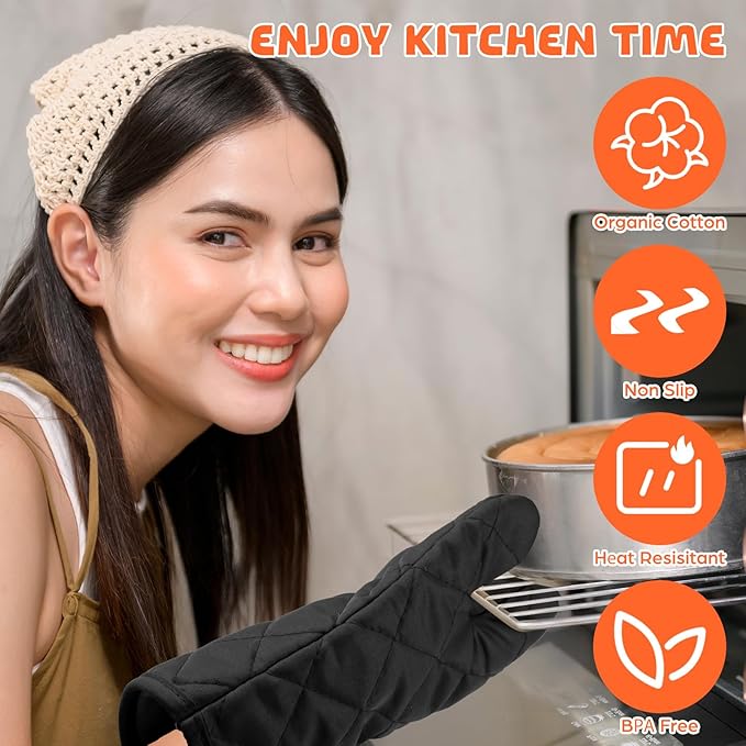 6 Pairs Heat Resistant Oven Mitts Kitchen Oven Gloves 11 Inch Long Quilted Cotton Polyester Kitchen Gloves for Cooking, Baking, Grilling BBQ (Black)