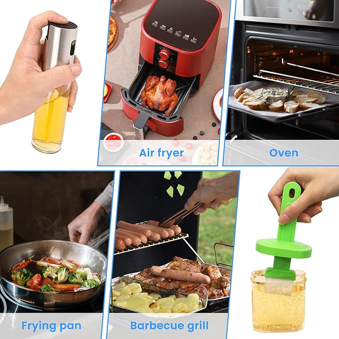 Daily Treasures 2Pack Upgraded Precise Nozzle Olive Oil Glass Bottle 100ml with Oil Brush Bottle, Silicone Funnel, Brush - Perfect for Air Fryer, Kitchen Cooking