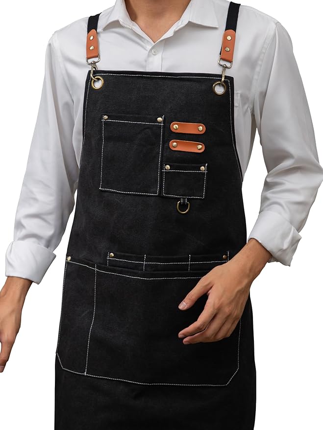KITCHIEF Woodwork Aprons for Men,Tool Apron with loop and Pockets,Cross Back Heavy Duty Workshop Apron for Carpenter,Garden