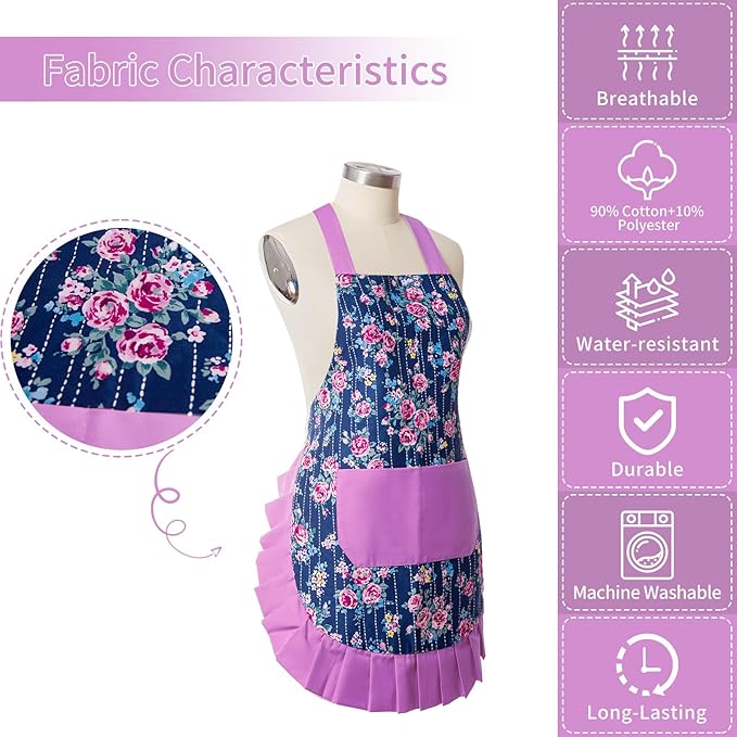 Vintage Floral Apron for Women with Functional Pockets Adjustable Neck Strap for Cooking Baking Mother's Gift