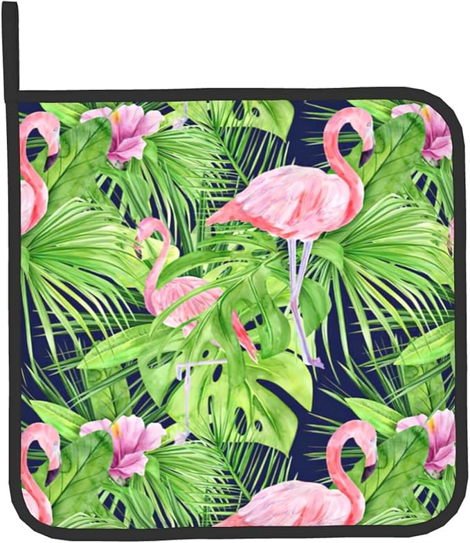 Watercolor Illustration Tropical Leaves Oven Mitts & Pot Holders Sets 2pcs Summer Pink Flamingo Decorative Kitchen Heat Resistant Non-Slip Hot Pad for Cooking Oven Gloves Baking BBQ