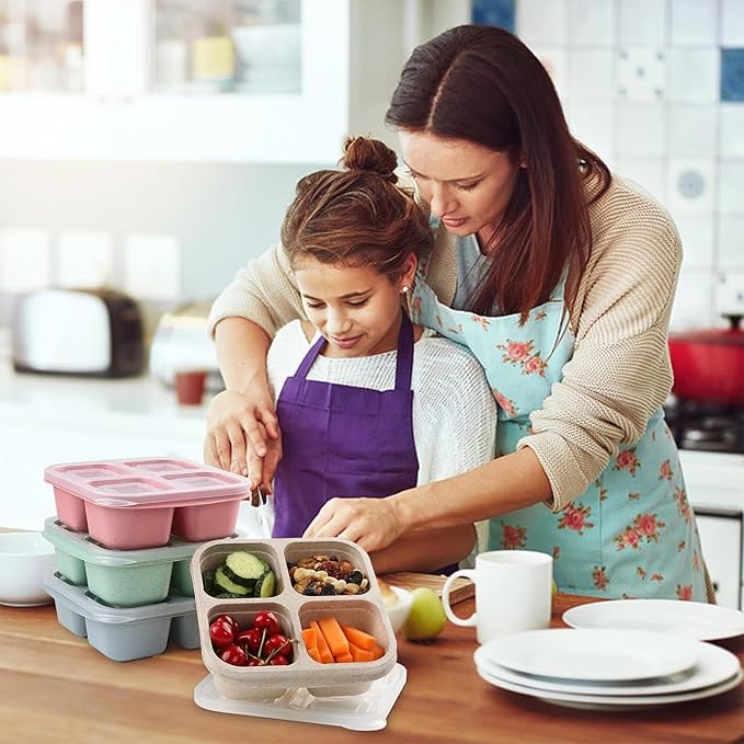 8 Pack Snack Box Container, 4 Compartments Bento Snack Containers for Organized Meal Prep, Reusable Divided Lunch Food Storage Containers for Work, Picnic– Microwave, Dishwasher, Freezer Safe
