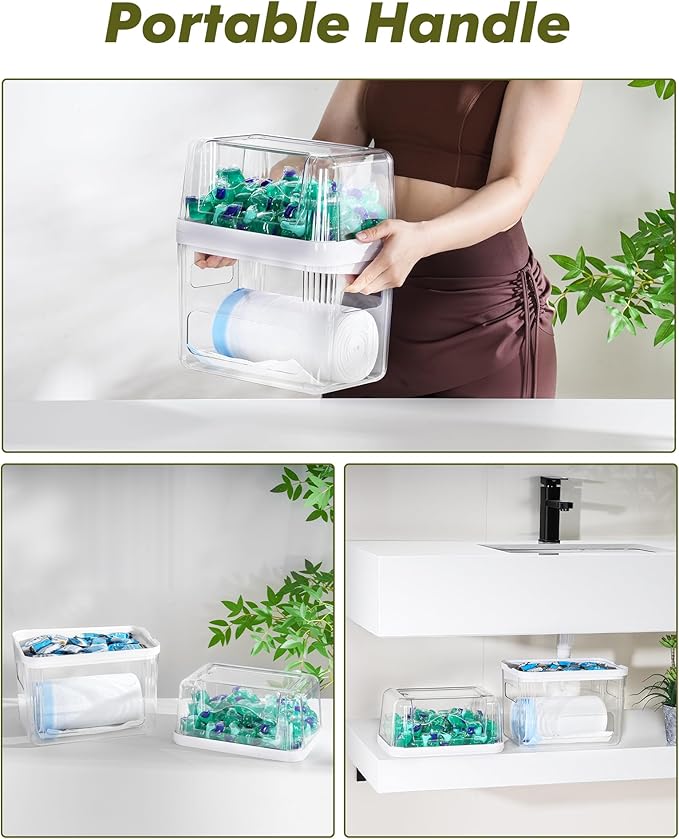 iCASA Trash Bag Dispenser Dishwasher Pod Organizer, 3 in 1 Grocery Garbage Bags Holder Storage Box Clear Laundry Room Pods Dishwasher Tab Cleaner Tablets Container Pantry Kitchen Under Sink Organizers