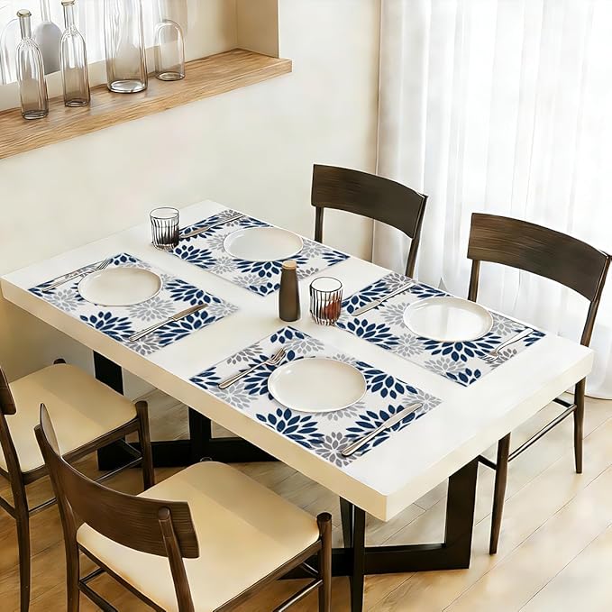 Navy Blue & Gray Floral 100% Polyester Placemats Set of 4, Flowers Table Mats, Washable Non-Slip Heat Resistant Table Mats for Party Kitchen Dining Table Decor, Housewarming Gifts for Women Mom Friend