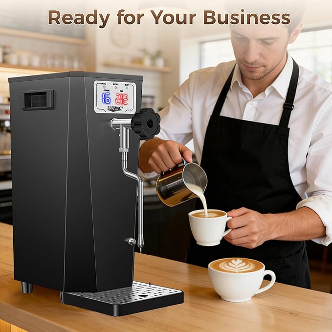 Commercial Steam Milk Frother,1.6Bar 15s Fast Frothing,1500W 6L Boiler for Continuous Use, Temp Probe, Triple Safety, 2-in-1 Hot Water&Steam with LED Display for Coffee Shops,Hotel& Restaurant