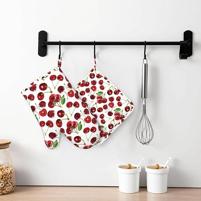 Cherry Fruit Pattern Oven Mitts and Pot Holders 4 pcs Set Silicone Cherry Fruit Kitchen Oven Mitt Gloves Pot Holders Non-Slip Heat Resistant Cooking Mitts Set for Kitchen Baking Grilling BBQ
