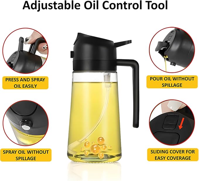 2-in-1 Oil Sprayer and Dispenser for Kitchen- 2 x 16 oz Pack, Never Drip Design, Precise Oil Control for Air Fryer, Roasting, Grilling, Barbecue and Salad. (Black, Green)