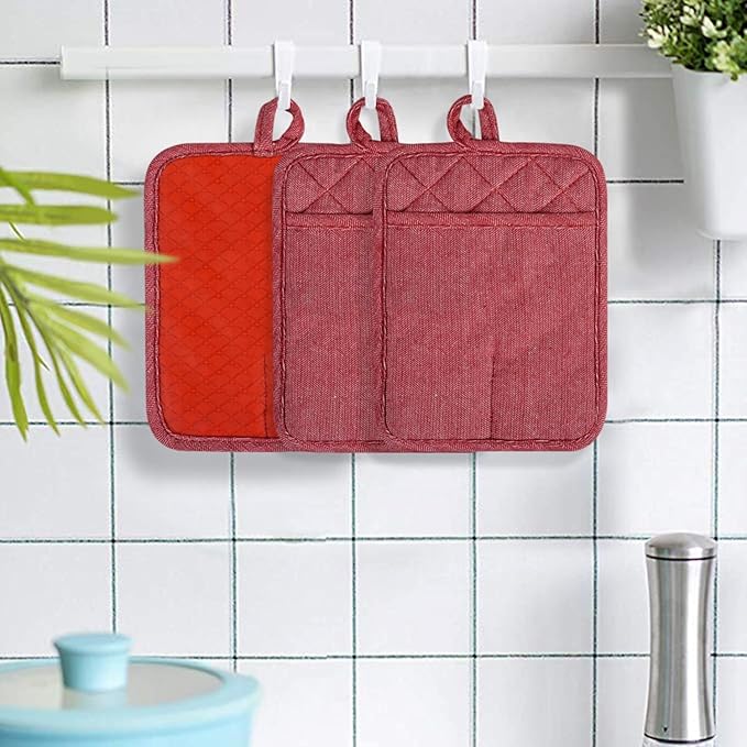 Pot Holders Yarn-Dyed Set of 3 Non Slip Silicone Kitchen Lines Heat Resistant 500℉ Kitchen Gloves BBQ Cooking Baking Cooking Barbecue Microwave Machine Washable (Red Pot Holders)