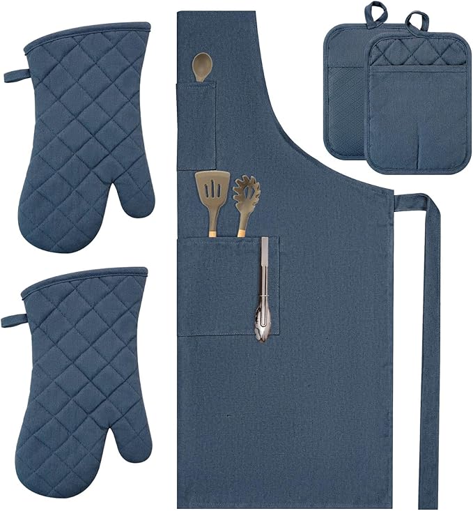 Oven Mitts and Pot Holders with Cooking Apron Set of 5, Heat Resistant Kitchen Gloves and Silicone Non-Slip Potholders, Adjustable Neck Buckle Chef Apron, Cotton Nice Design for Cooking (Navy…