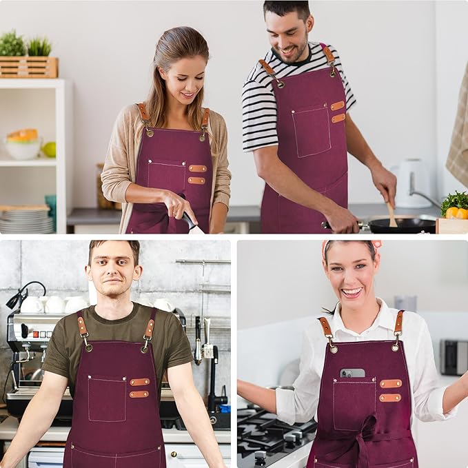 OUNLEN Chef Apron for Men Women Canvas Aprons with 3 Pockets Cross Back Resistant Work Apron for Cooking