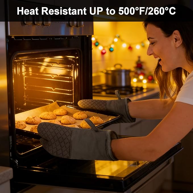 Oven Mitts and Pot Holders 8pcs Set, Cotton Oven Glove with Non-Slip Silicone Surface, Machine Washable Pot Holders, Extra Long Oven mits, Heat Resistant 500 °F, for Cooking, Grilling, Baking